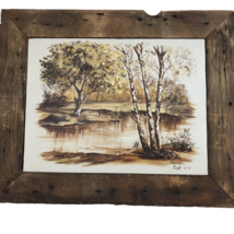 Vintage Oil Painting Landscape Rustic Wood Frame Sharon 1977 trees pond 70s mod - £39.30 GBP