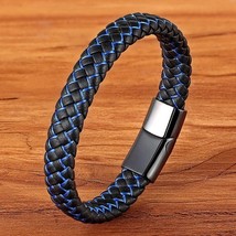 New Men Jewelry Punk Black Blue Braided Leather Bracelet for Men Stainless Steel - £9.86 GBP