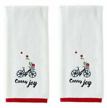 White Bicycle Bike Hand Towels Embroidered Guest Bathroom Set of 2 Carry Joy - £31.31 GBP