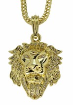 Mens Iced Mighty Lion Head Pendant 14k Gold Plated Cz Franco Chain Hip Hop - £7.49 GBP