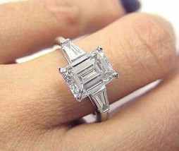 Emerald Cut 2.70Ct Three Simulated Diamond Engagement Ring 14k White Gold Size 6 - £199.56 GBP