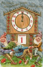 New Year Postcard 1909 Postmark Elves Dancing Clock Polka Dot Mushrooms - $9.89