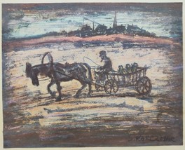 Vintage Simon Karczmar Signed Judaica Painting, Horse &amp; Cart in Shtetel, 16 x 20 - £184.29 GBP