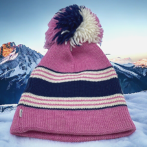 Vintage Smiley Hat Pom Pom Ski Beanie Pink, Blue, White 100% Wool Made in USA - £19.55 GBP