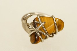 Vintage Costume Jewelry Wrapped Tigers Eye Silver Tone Metal Ring Size 7 - $19.79