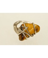 Vintage Costume Jewelry Wrapped Tigers Eye Silver Tone Metal Ring Size 7 - £15.56 GBP