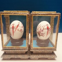 Chinese Eggs 2 Red Birds Hand Painted Eggs In Glass Display Cases Signed - £25.99 GBP