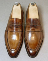 Handmade Men&#39;s Leather Brown FORMAL CASUAL Dress Loafers &amp; Slip Ons Shoes-667  - £182.21 GBP