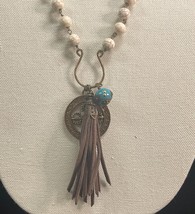 JULIO Vintage Necklace Chain Pendant Leather Fringe - $18.75