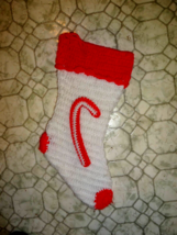 red/white crocheted Christmas STOCKING w/candy cane 15&quot; long handmade (c... - $5.94