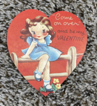 Vintage Valentines Day Card Girl on Fence Come On Over - $4.99