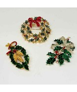 Lot of 3 Vintage Christmas Wreath Holly Mistletoe Brooches, 1 signed Ger... - £18.43 GBP