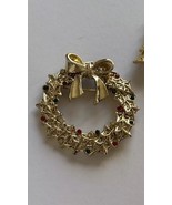 Vintage Pin Christmas Brooch Holly Wreath Rhinestones Gold Tone Tancer H... - €20,84 EUR