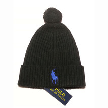 POLO Ralph Lauren Men Black Pom Beanie Hat Large Blue Pony Logo 50% Wool 50% Nyl - £38.72 GBP