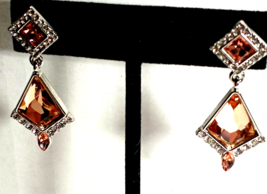 Vintage Silver Color &amp; Peach Rhinestone Drop/Dangle Pierced Earrings - $21.99