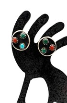 Vintage Zuni Handmade Sterling Silver Turquoise Coral Petit Point Stud Earrings - £31.96 GBP