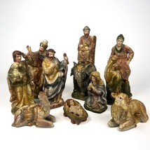 Vintage 9 Piece 7&quot; Christmas Nativity Scene Set Glitter with Box Missing Base - £15.12 GBP