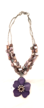 Women&#39;s Fashion Jewelry Necklace Purple acrylic Flower Pendant Shell Silver Tone - £6.39 GBP