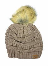 Taupe - Beanie Hat Stretch Cable Knit Ribbed Super Soft Faux Fur Pom Pom - £20.37 GBP