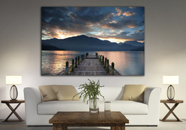 Cloudy lake wall art Sunset dock canvas Cloudy mountain canvas art Sunset canvas - £52.93 GBP