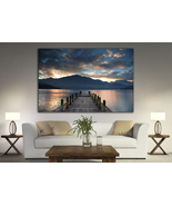 Cloudy lake wall art Sunset dock canvas Cloudy mountain canvas art Sunse... - £52.50 GBP