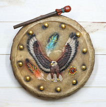 Indian Soaring Eagle and Feathers Warpath Drum And Stick Wall Plaque Figurine - £24.76 GBP
