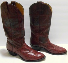 NOCONA Vtg Western Cowboy Boots Burgundy Ostrich Quill Patchwork Men&#39;s 9.5 D - £111.86 GBP