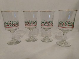 Vntg1986 Arby&#39;s Christmas Holly Berry Stemmed Wine Water Goblets Glasses... - £14.62 GBP