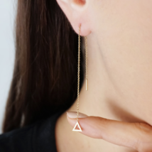 14K 9K Gold Triangle Threader Earrings Long Chain Earrings Geometric Ear Thread - £91.48 GBP+