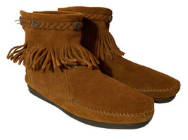 Women Minnetonka Brown Suede Moccasin Back Zip Up Ankle Boots Bootie Fringe Sz 9 - £26.58 GBP