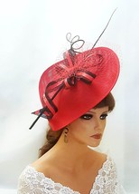 RED &amp; BLACK HAT Fascinator Long Quill Feathers French Netting Wedding Ceremoney  - £76.06 GBP