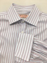 Pink Prestige 15.5 - 34 Blue Red Striped Long-Sleeve Cotton Shirt French... - £23.51 GBP