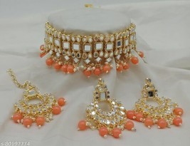 Indian Bollywood Gold Plated Kundan Necklace Mirror Bridal Wedding Jewel... - $25.79