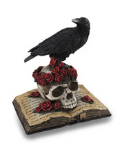 Perched Raven On Rose Skull And Open Poetry Book Statue - £46.97 GBP