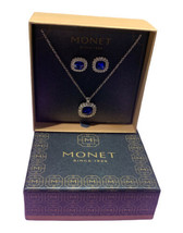 Monet Silver Tone Royal Blue Crystal Clear Rhinestones Necklace Earring Box Set - £19.67 GBP