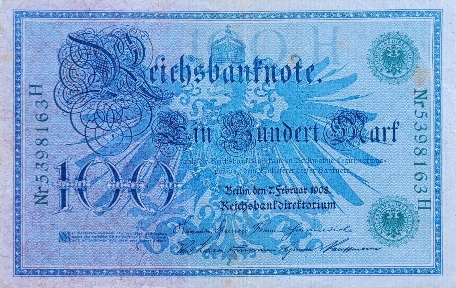 GERMANY 100 MARK REICHSBANKNOTE 1908 GREEN VERY RARE NO RESERVE - $18.46