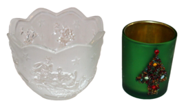 2 Christmas Votive Candle Holders Frosted Glass Sleigh Reindeer &amp; Green Beaded T - £7.86 GBP