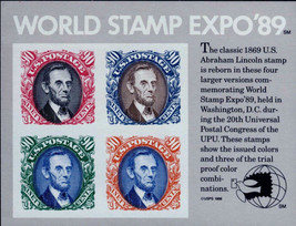 1989 90c World Stamp Expo &#39;89, Abraham Lincoln, Sheet of 4 Scott 2433 Mi... - $132.66 MXN