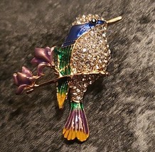 Handmade ~  Hummingbird Pin/Brooch ~ Clear Sparkle Gemstones ~ Goldtone Jewelry - £18.03 GBP
