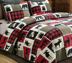 Twin Size Lodge Life 2 pc Quilt Sham Wildlife with Red Plaid Buffalo Checks - £39.13 GBP