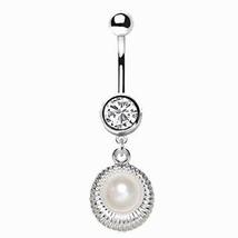 316L Stainless Steel Pearl in the Shell Dangle Navel Ring - $13.95