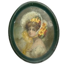 Metal Tin Litho Saloon Bar Serving Tray Woman Portrait Bonnet Floral Antique - £52.31 GBP