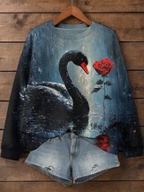 Women&#39;s Black Swan and Rose Oil Painting Print Casual Sweatshirt - $28.00