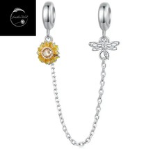 Genuine Sterling Silver 925 Sunflower Flower And Dragonfly Insect Safety Chain - £21.86 GBP