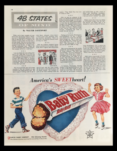 1956 Curtiss Baby Ruth Chocolate Vintage Print Ad - $14.20