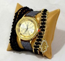Fortune NYC Women&#39;s Arm Candy Gold &amp; Black Arm Candy Watch Set with 2 Bracelets - £15.53 GBP