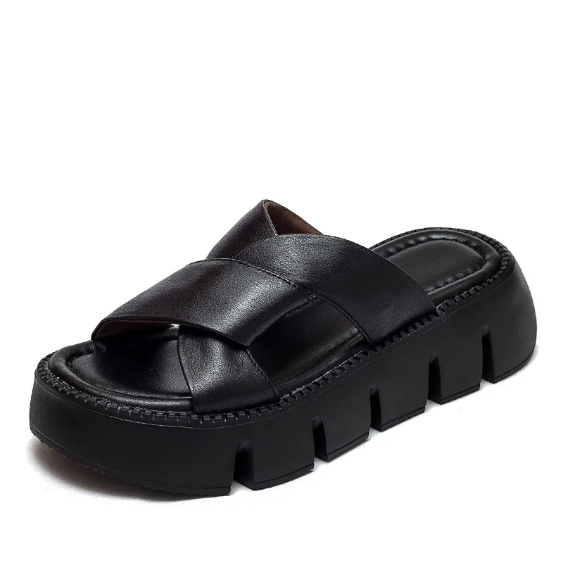 Women Summer Platform Slippers Cross Genuine Leather Open Toe Slingback Slippers - £61.66 GBP
