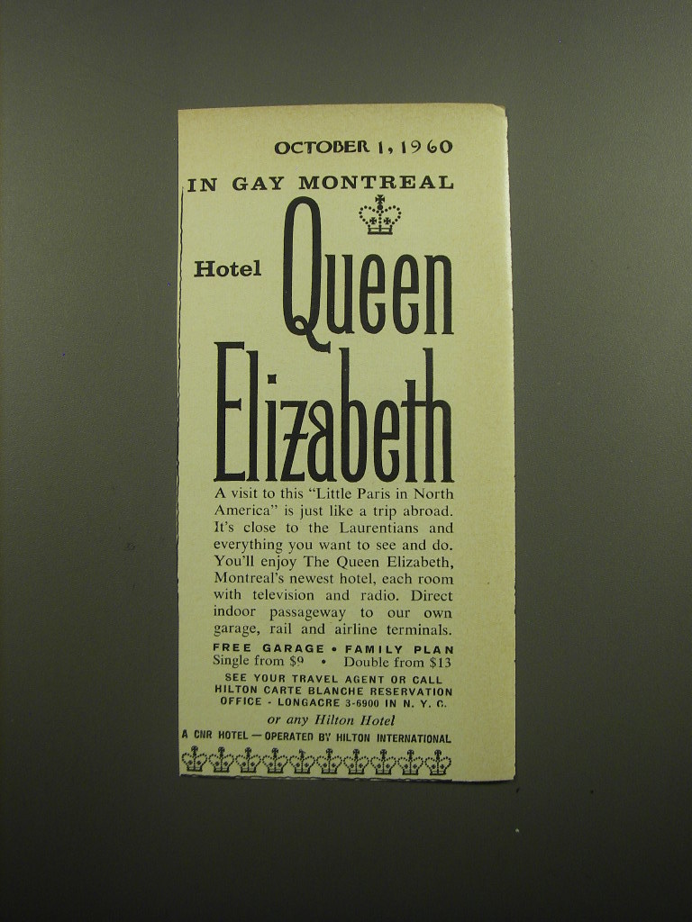 Primary image for 1960 Hotel Queen Elizabeth Ad - In Gay Montreal Hotel Queen Elizabeth