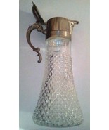 DECANTER CARAFE VINTAGE DIAMOND CUT WIDE BOTTOM GLASS SILVER TONE POOR C... - £45.57 GBP