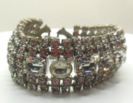 Vintage Signed WEISS 6-Row Clear Rhinestone Bracelet W/Safety Chain 7.75&quot; - £67.83 GBP